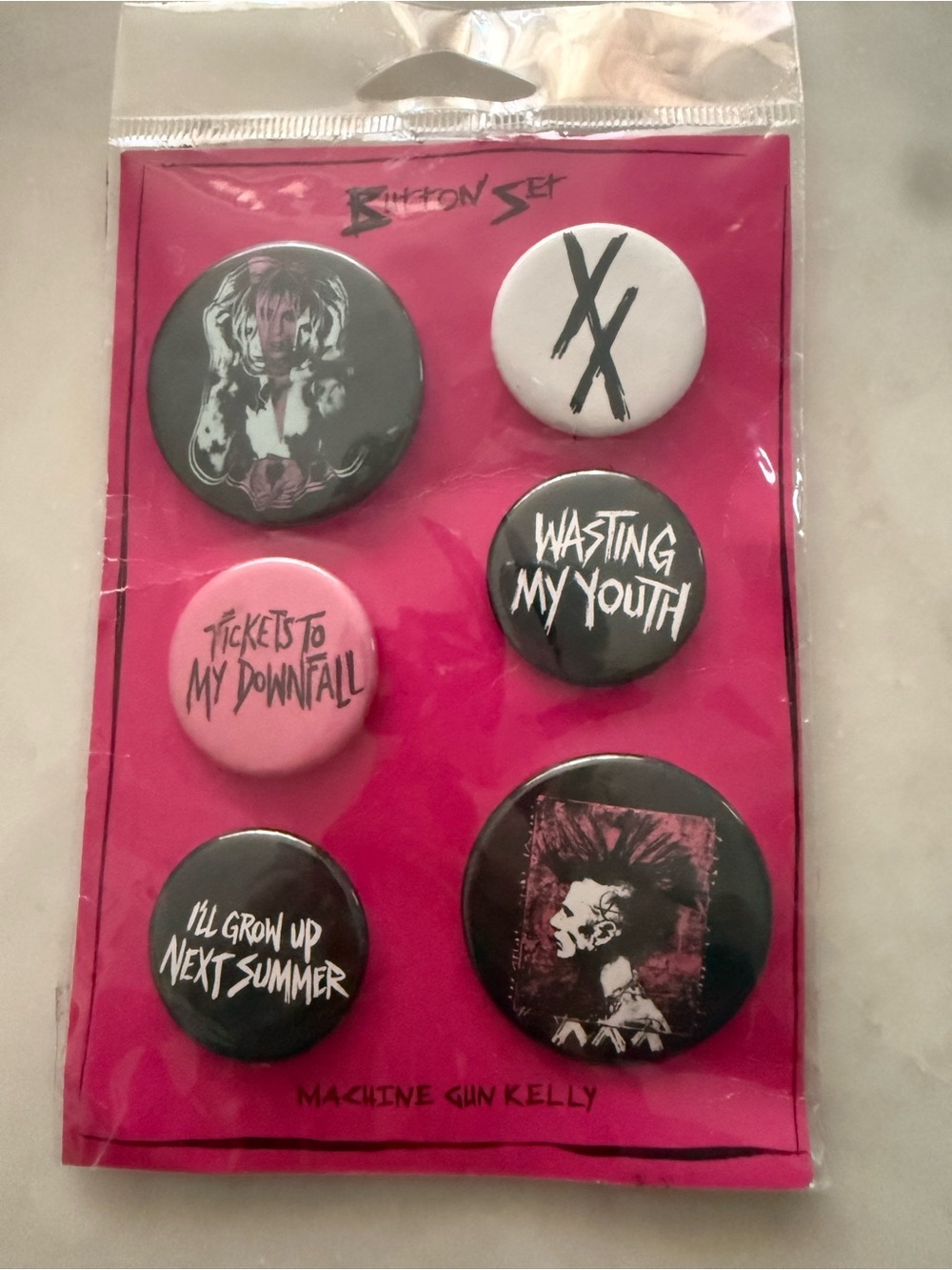Machine Gun Kelly Button Pin Set - Pink & Black tickets to my downfall